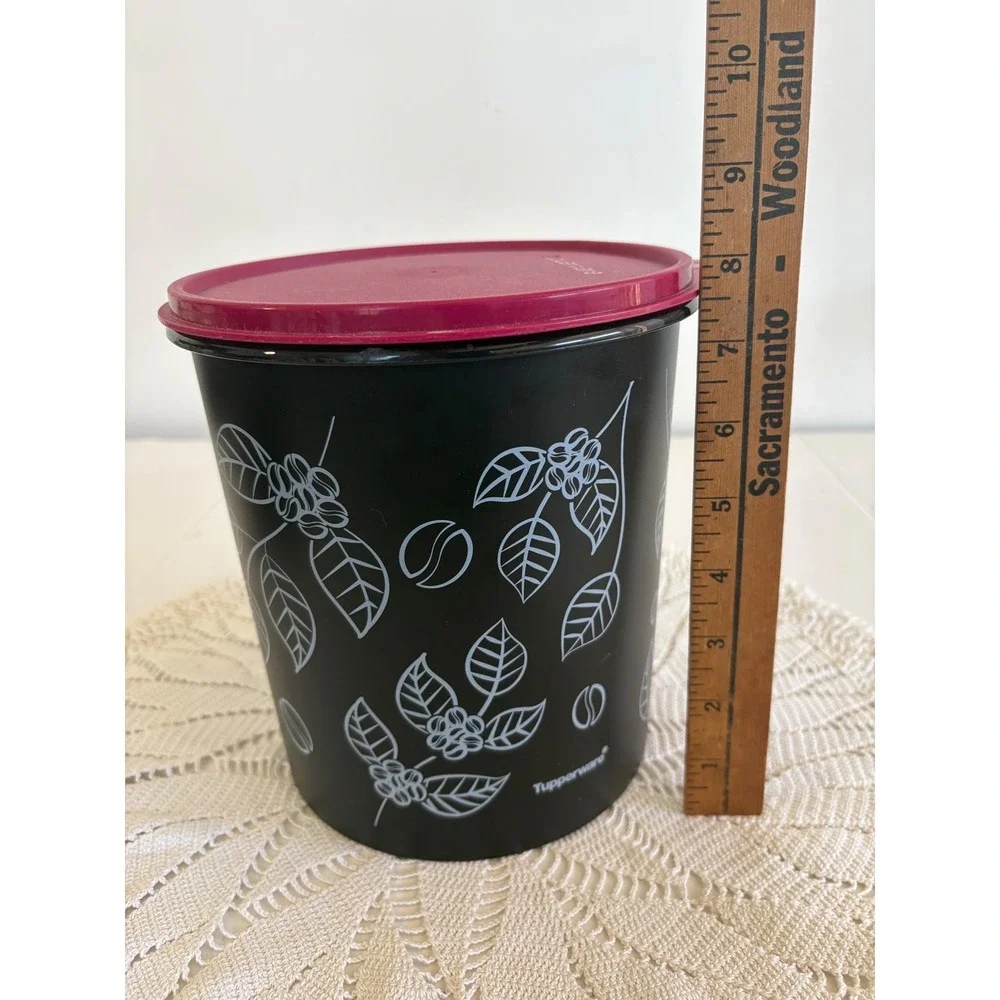 Tupperware MCM Coffee Canister Set Black Magenta Pink Mugs Spoons 5 Piece Set